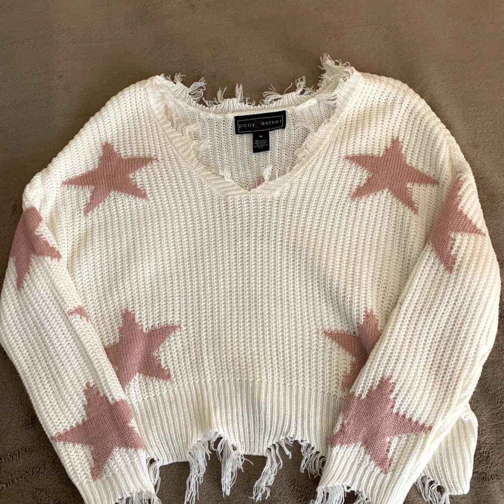 Polly&Esther White Sweater with Pink Star Detailing and Frayed-Hem